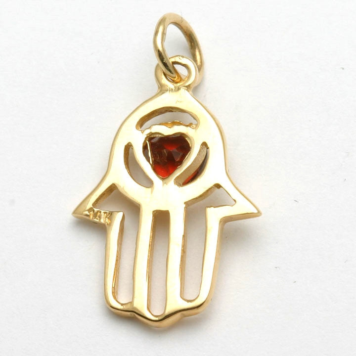 14k Yellow Gold Hamsa Red Garnet Heart Pendant - JewelryJudaica