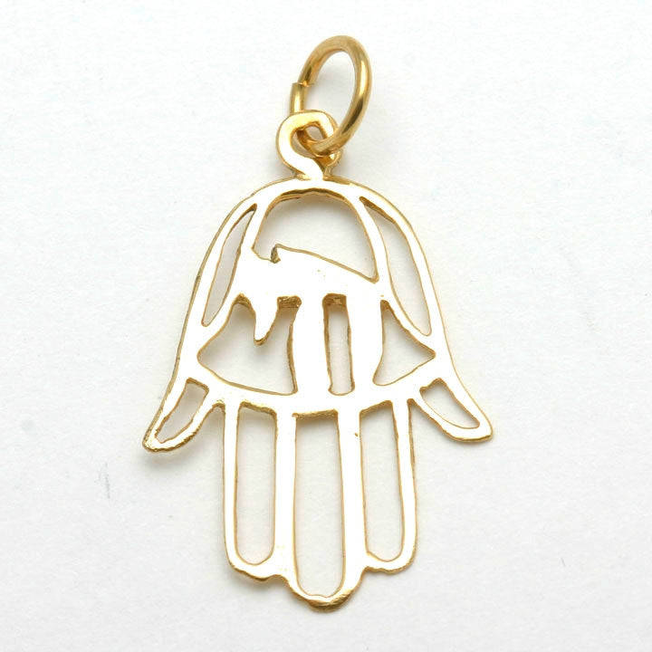 14k Yellow Gold Hamsa Chai Pendant - JewelryJudaica