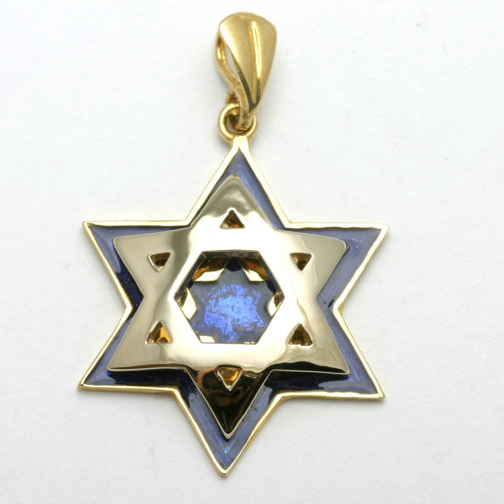 14k Yellow & White Gold Blue Enamel Star of David Pendant - JewelryJudaica