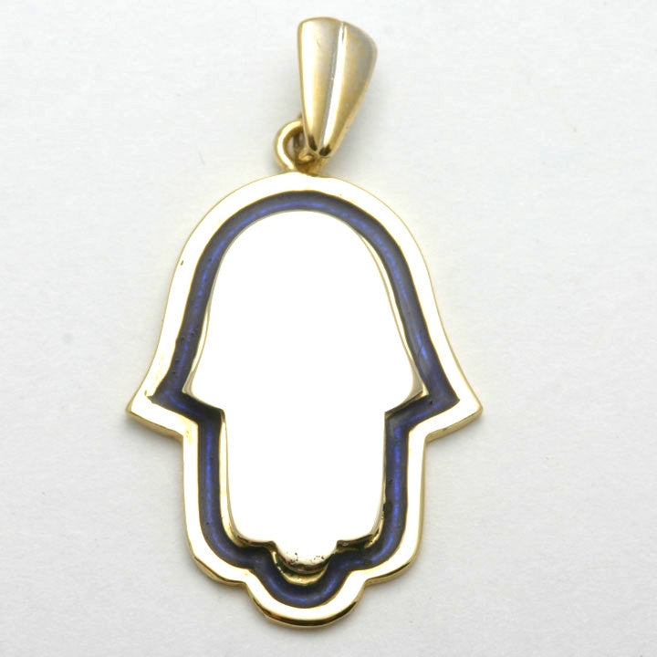 14k Yellow gold Hamsa Blue Enamel Pendant Large - JewelryJudaica