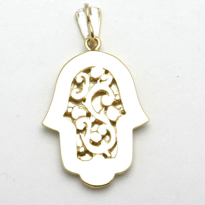 14k Yellow gold Hamsa Blue Enamel Pendant Large - JewelryJudaica