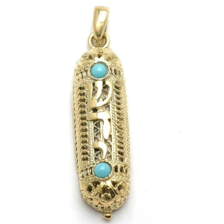 14k Yellow Gold Mezuzah Filigree Pendant Turquoise - JewelryJudaica