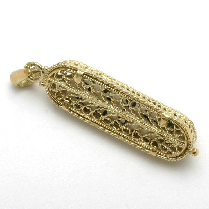 14k Yellow Gold Mezuzah Filigree Pendant Turquoise - JewelryJudaica