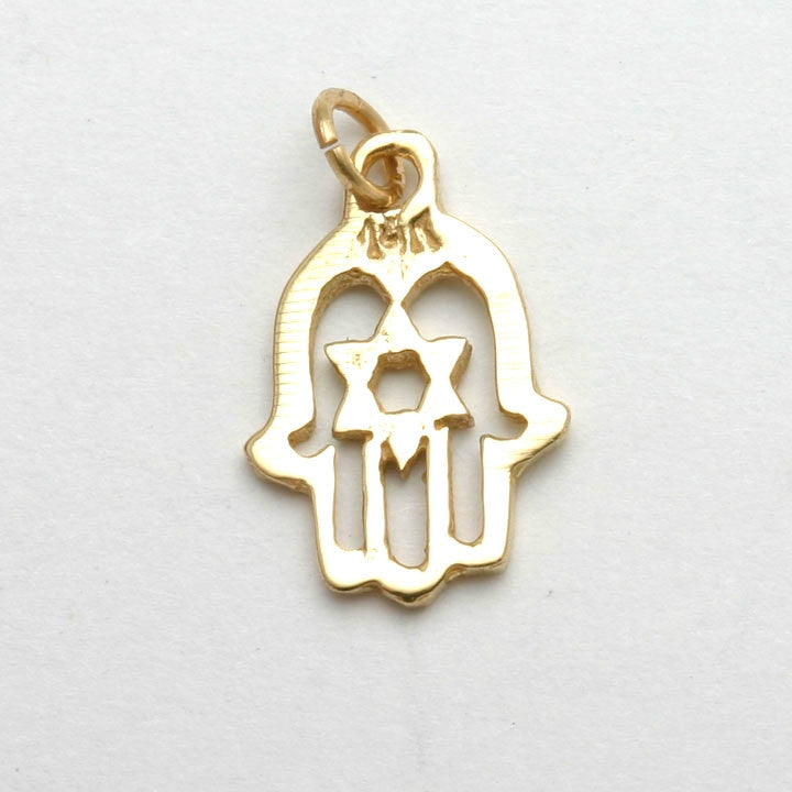 14k Yellow Gold Hamsa Star of David Pendant Small - JewelryJudaica