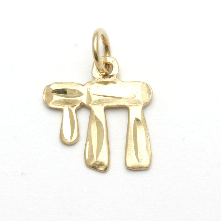 14k Yellow Gold Chai Pendant Diamond Cut - JewelryJudaica