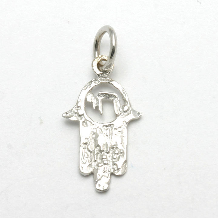 14k White Gold Hamsa Pendant Chai Small - JewelryJudaica