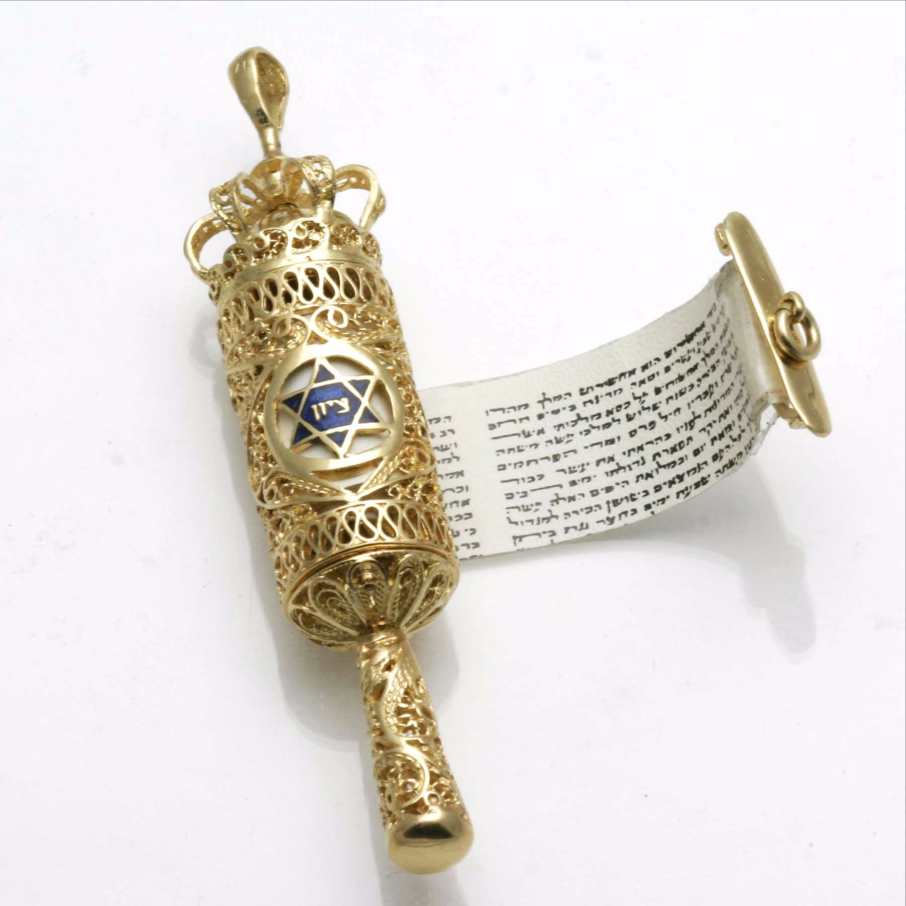 14k Yellow Gold Megillah Pendant Blue Enamel Star of David Pendant - JewelryJudaica