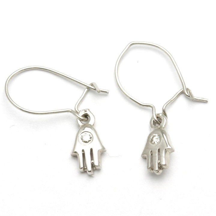 14k White Gold Hamsa Diamond Dangle Earrings - JewelryJudaica