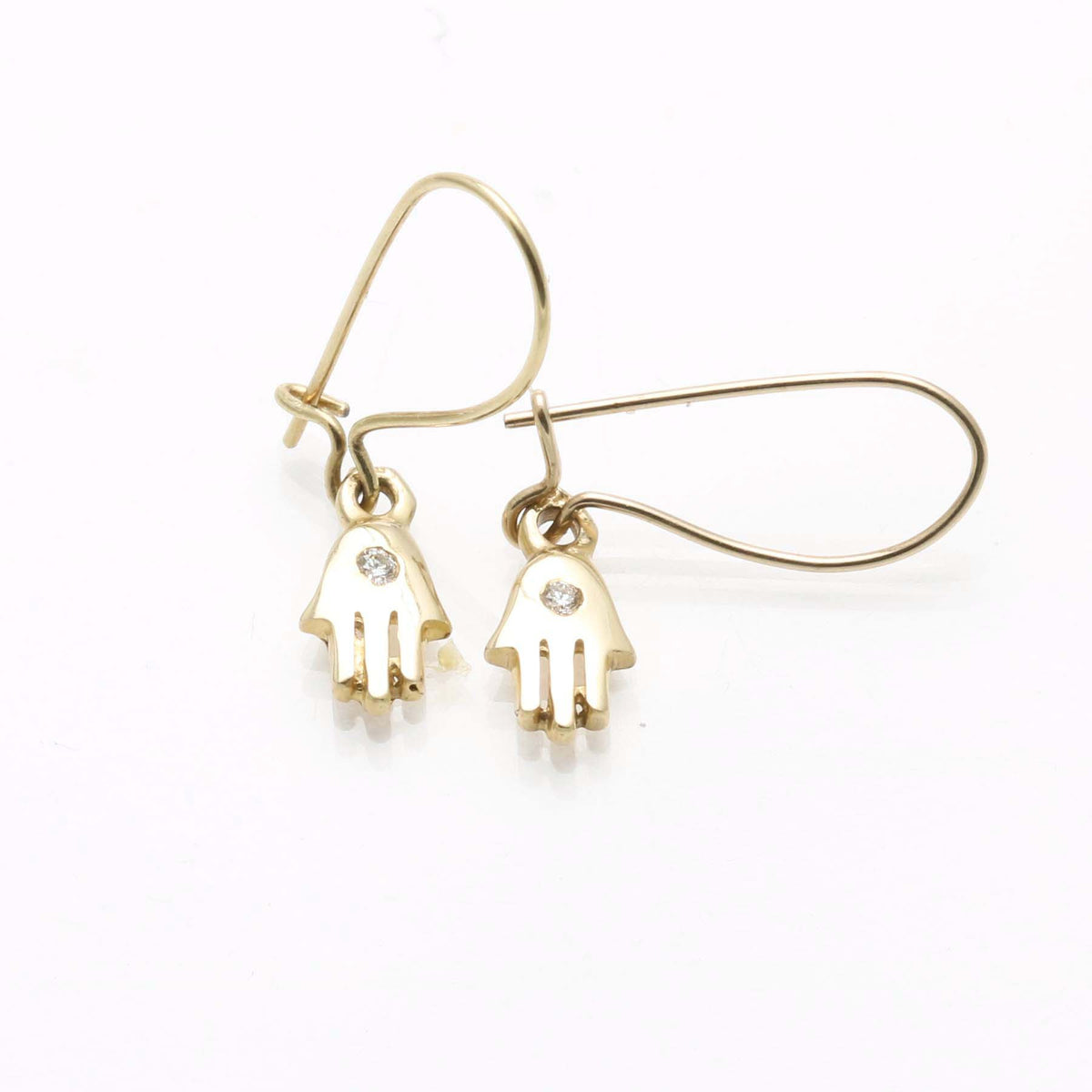 14k Yellow Gold Diamond Hamsa Dangle Earrings - JewelryJudaica