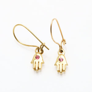 14k Yellow Gold Pink Sapphire Hamsa Dangle Earrings - JewelryJudaica