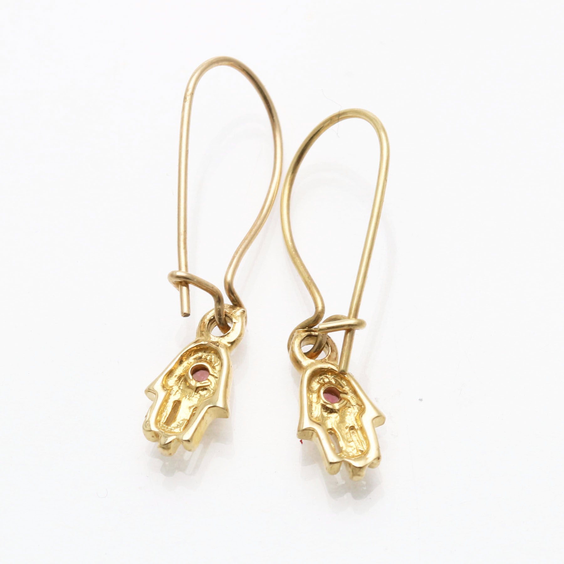 14k Yellow Gold Pink Sapphire Hamsa Dangle Earrings - JewelryJudaica