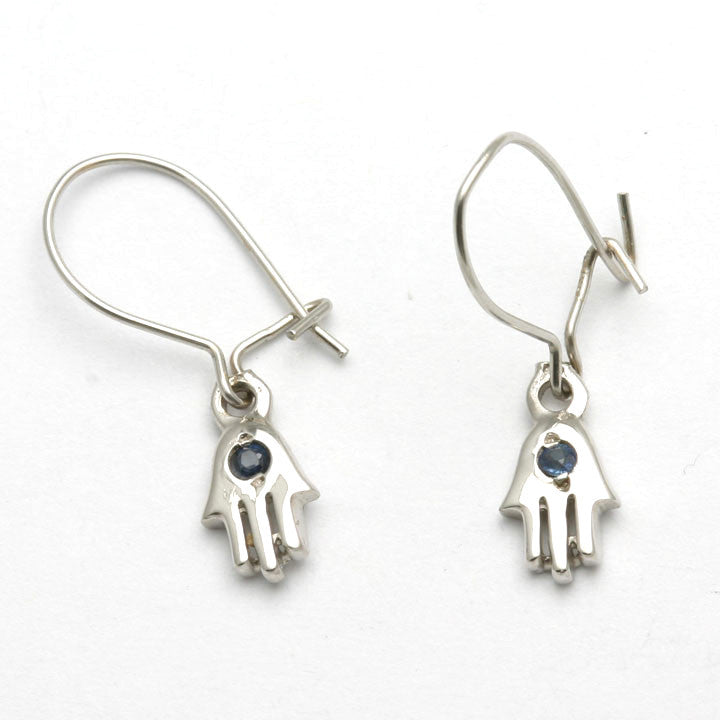 14k White Gold Hamsa Blue Sapphire Dangle Earrings - JewelryJudaica