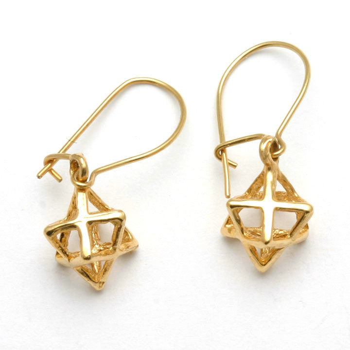 14k Yellow Gold Jewish Star of David 3D Dangle Earrings Merkava Kabbalah - JewelryJudaica