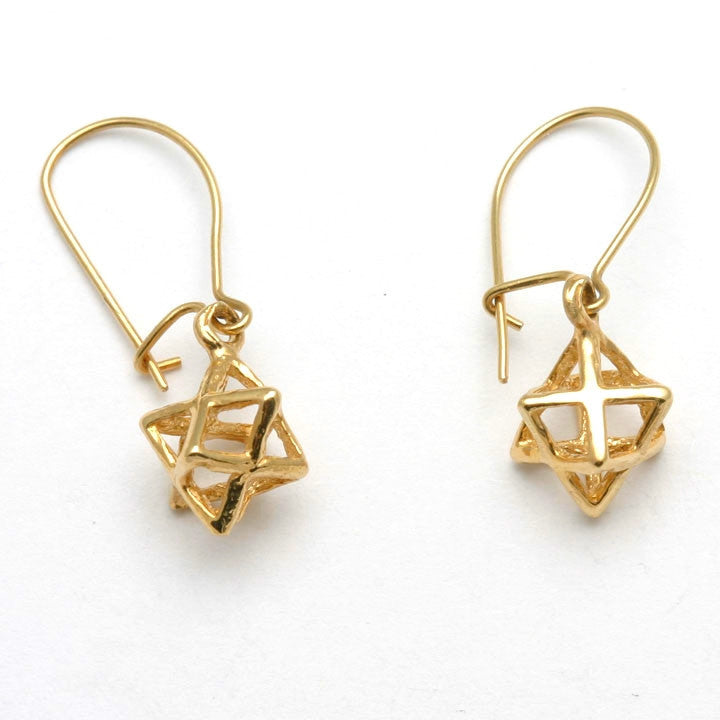 14k Yellow Gold Jewish Star of David 3D Dangle Earrings Merkava Kabbalah - JewelryJudaica
