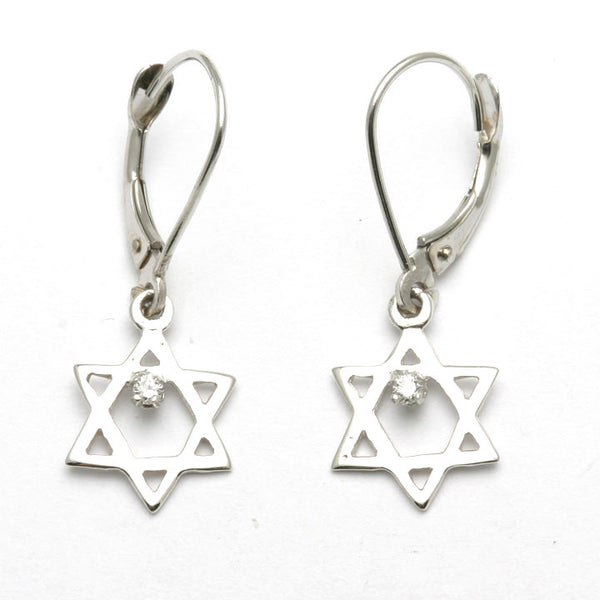 14k White Gold Jewish Star of David Diamond Dangle Earrings ...