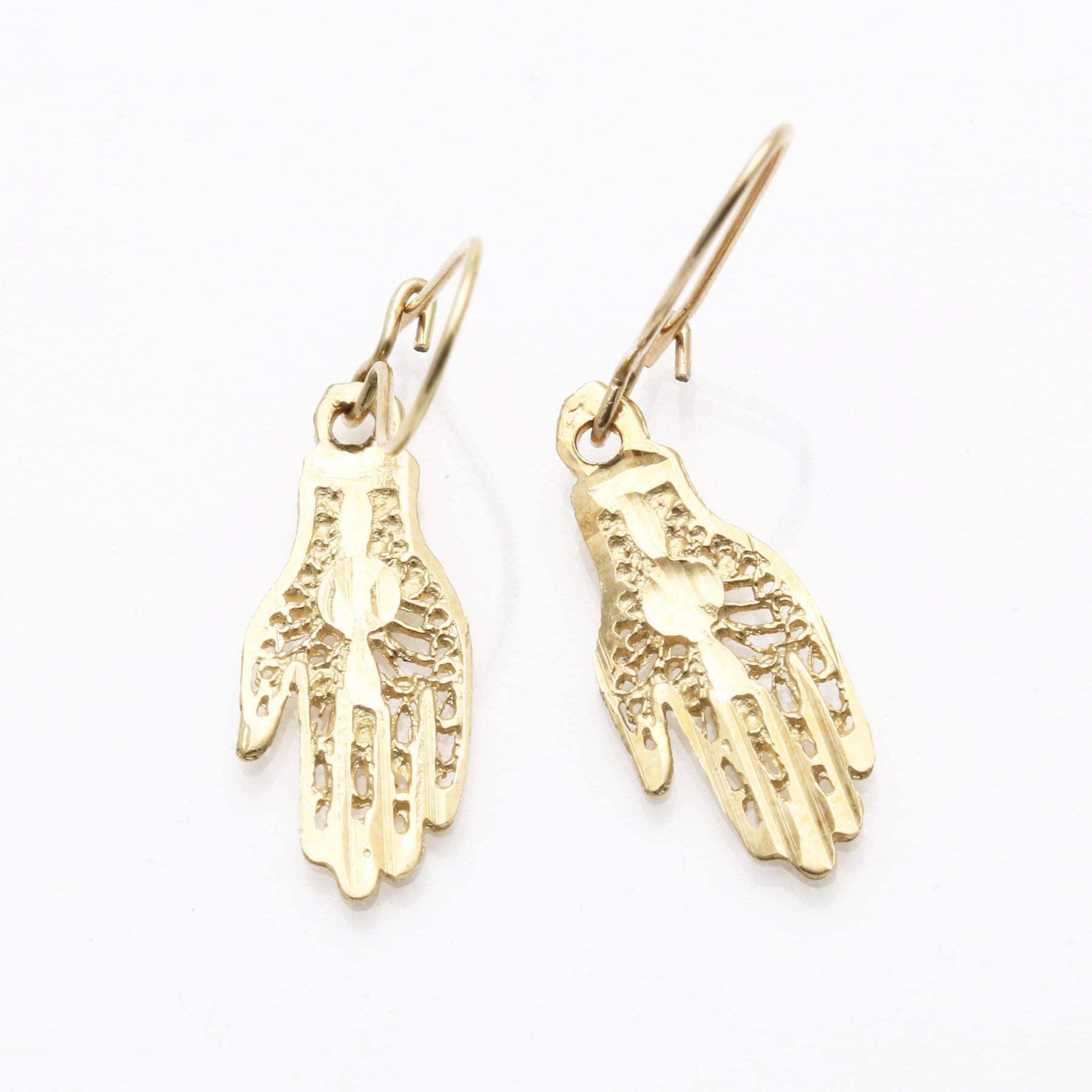 14k Yellow Gold Filigree Hamsa Dangle Earrings - JewelryJudaica