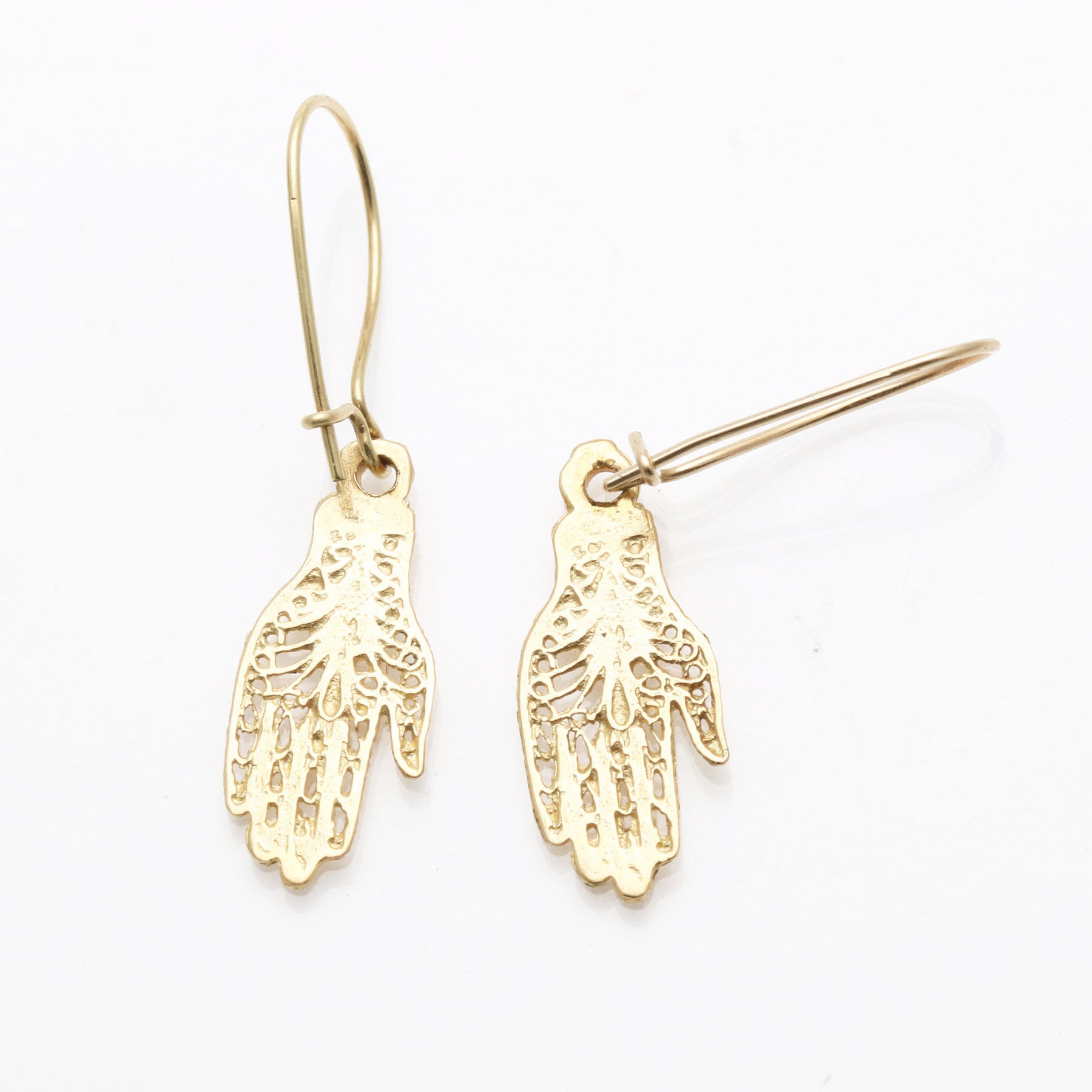 14k Yellow Gold Filigree Hamsa Dangle Earrings - JewelryJudaica