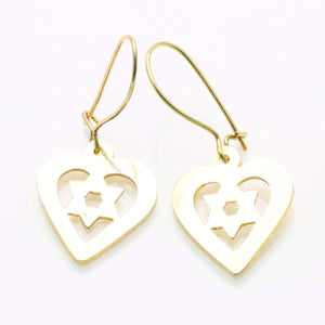 14k Yellow Gold Star of David Heart Dangle Earrings - JewelryJudaica