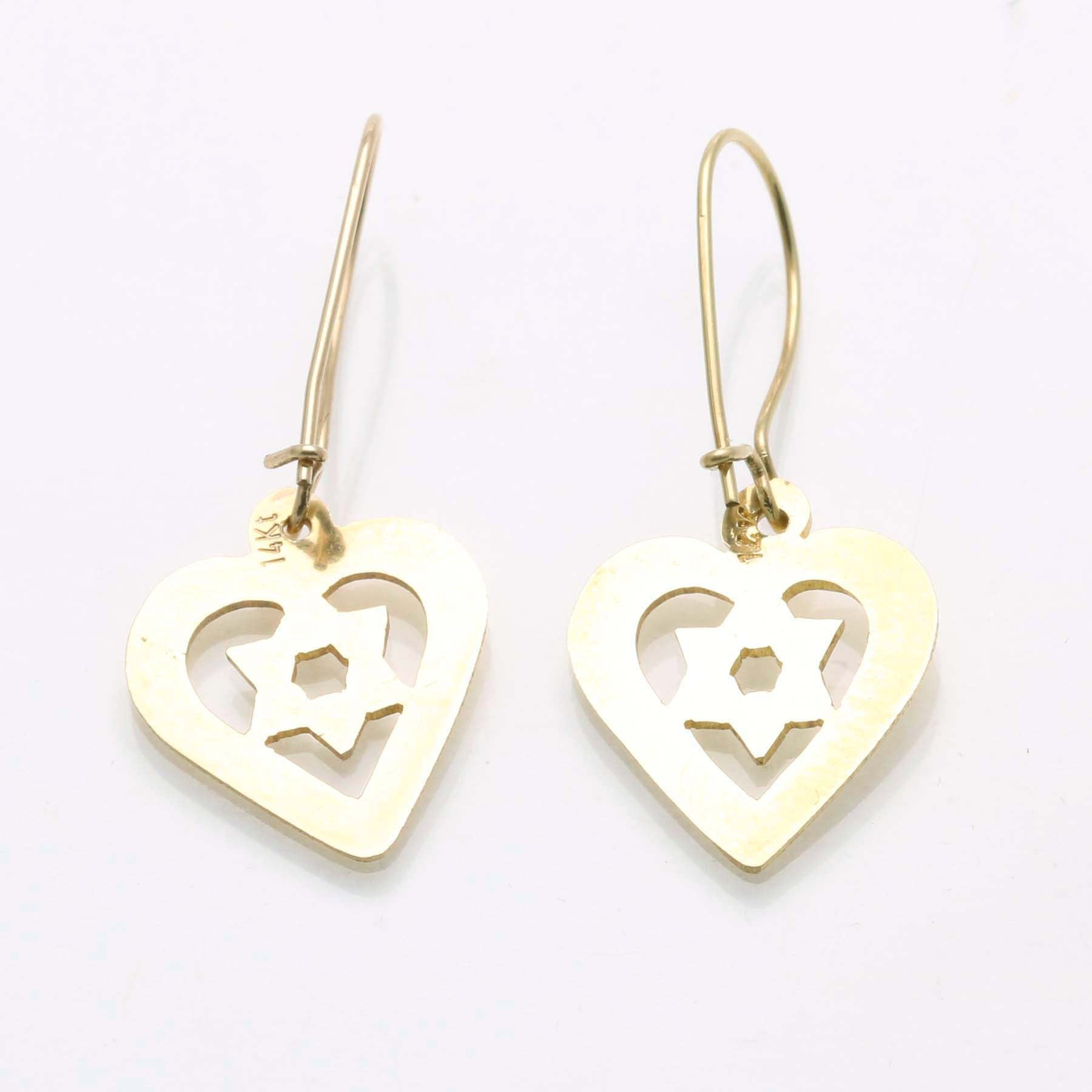 14k Yellow Gold Star of David Heart Dangle Earrings - JewelryJudaica