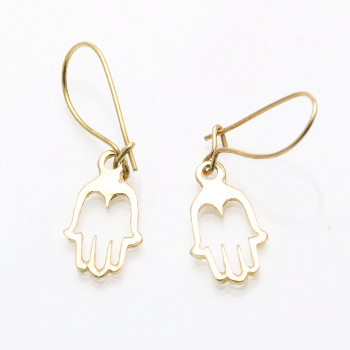 14k Yellow Gold Outline Hamsa Dangle Earrings - JewelryJudaica