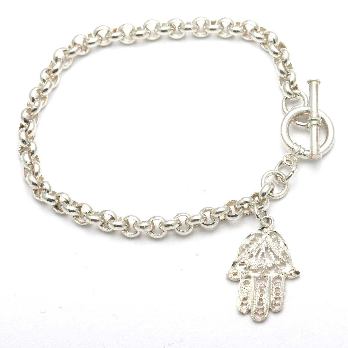 Sterling Silver Hamsa Charm Bracelet Filigree - JewelryJudaica