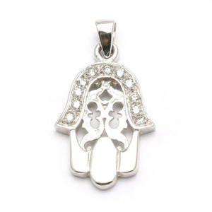 14K White Gold Diamond Hamsa Filigree Pendant Hand 1/4 carat - JewelryJudaica