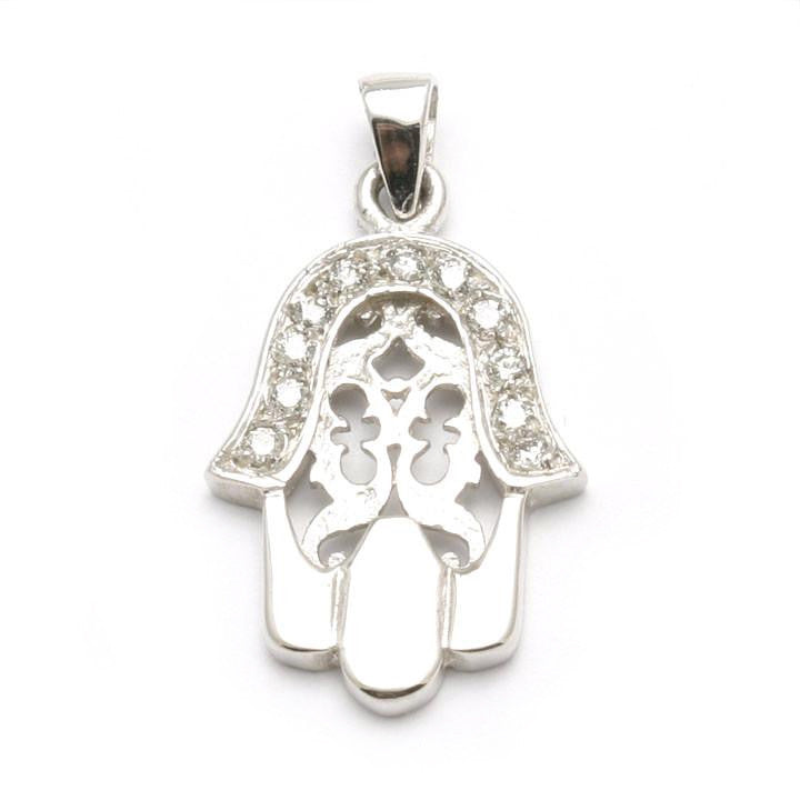 14K White Gold Diamond Hamsa Filigree Pendant Hand 1/4 carat - JewelryJudaica