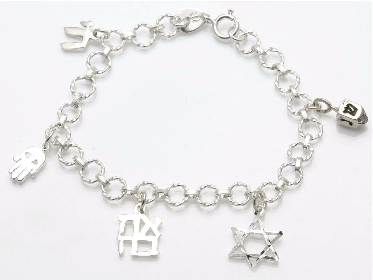 Sterling Silver Jewish Symbol Charm Bracelet Judaica - JewelryJudaica