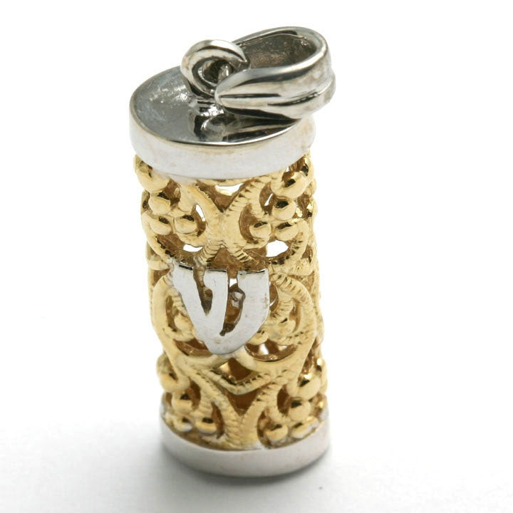 14k Yellow & White Gold Mezuzah Pendant Filigree - JewelryJudaica